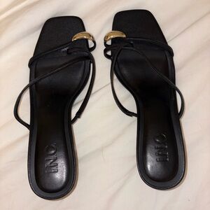 INC International Concepts Women's Black Heeled Sandals with Gold Accents